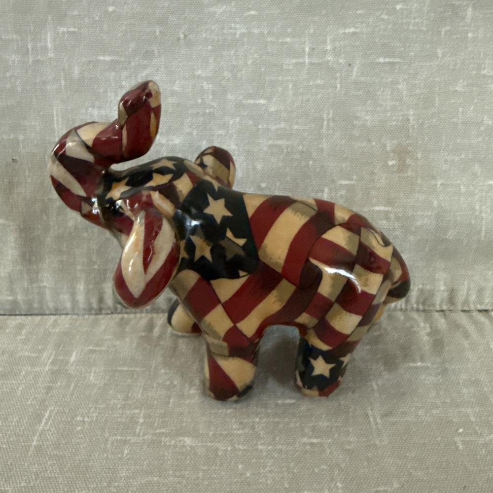 Vintage Lavie Patriotic RED WHITE & BLUE CERAMIC ELEPHANT FIGURINE W/TRUNK UP